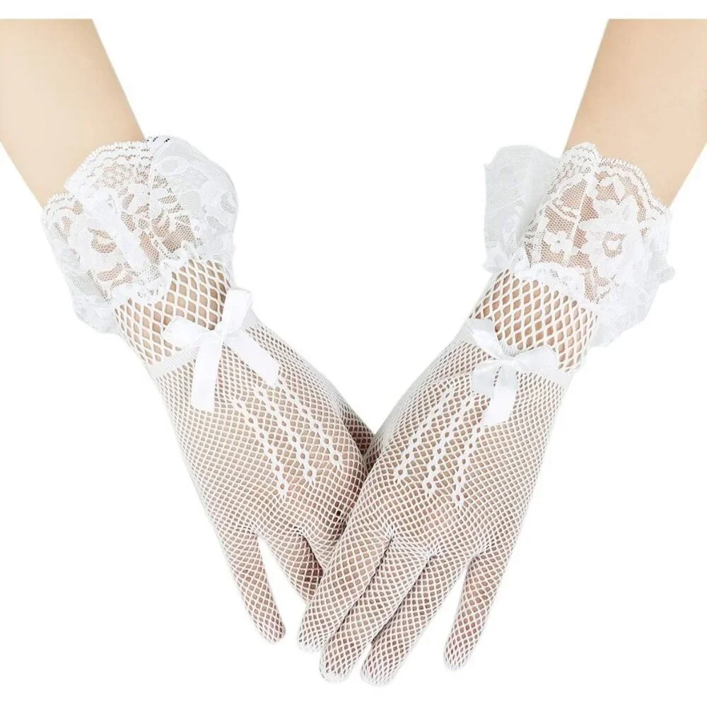 Women's B-White Bow Lace Elegant Wrist Gloves Ruffle Bridal Wedding Party Prom